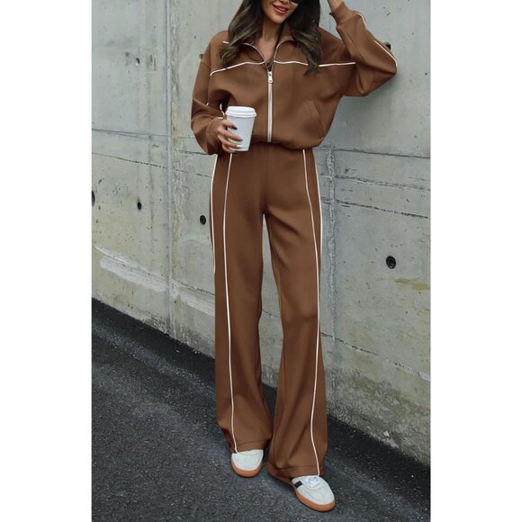 Women's Fall Two Piece Tracksuit Set Cozy Long Sleeve Zip Sweater Pants - Picture 6 of 8